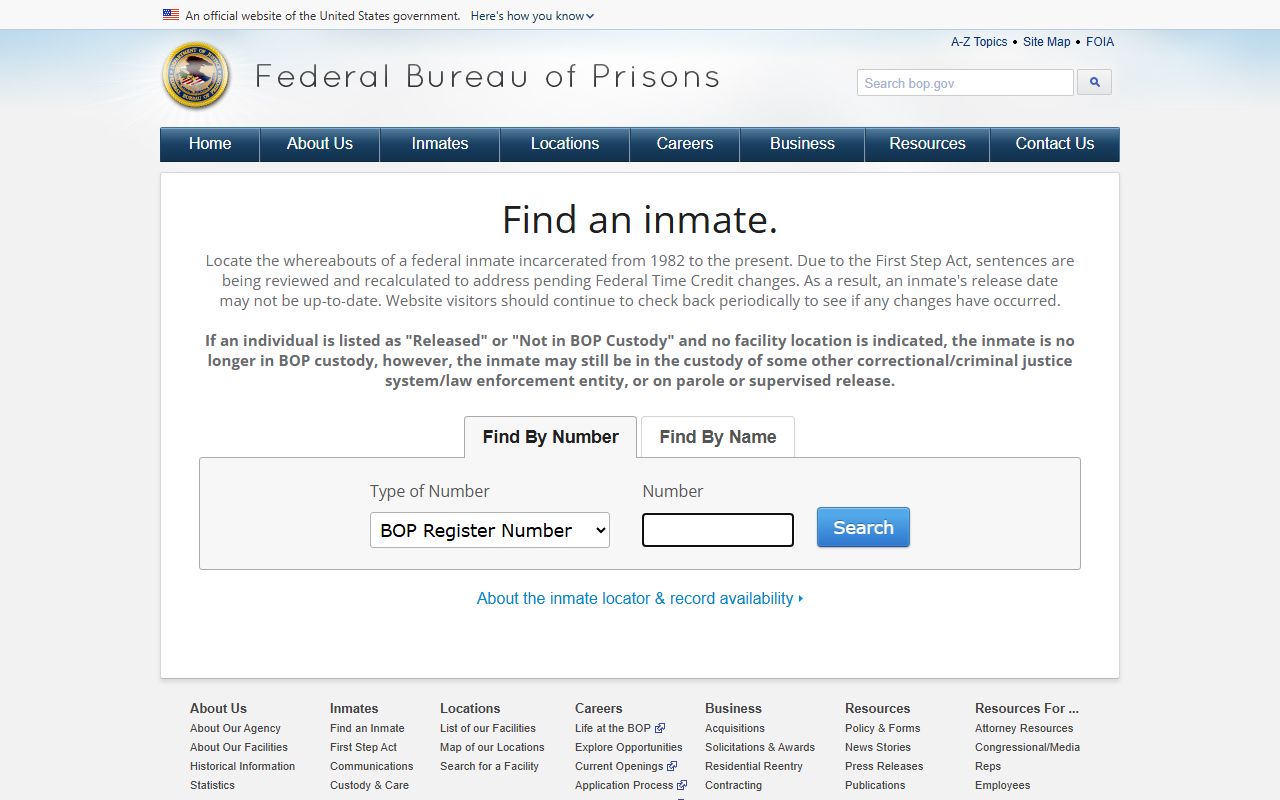 Federal BOP inmate locator page showing the federal difference from Marion County jail mugshots