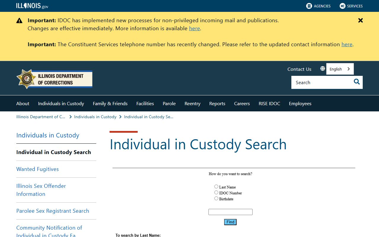 Illinois IDOC individual in custody search page for sentenced Marion County inmate records