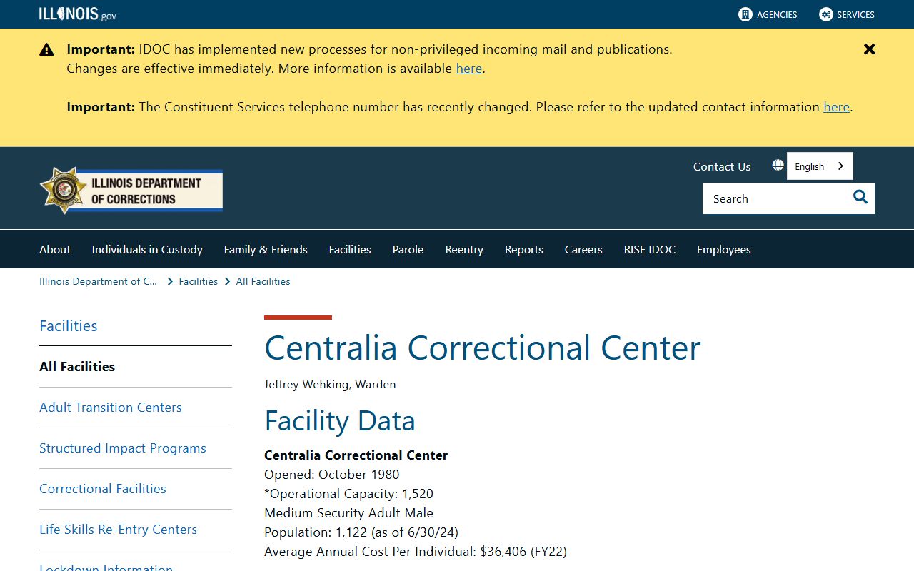 IDOC Centralia Correctional Center facility page with capacity and population for this Marion County prison