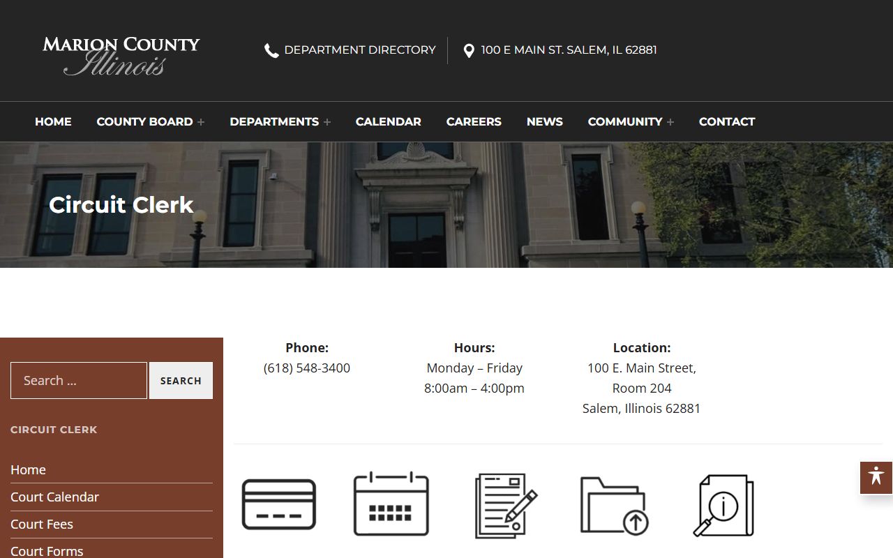 Marion County Circuit Clerk page with court records search link after a jail arrest
